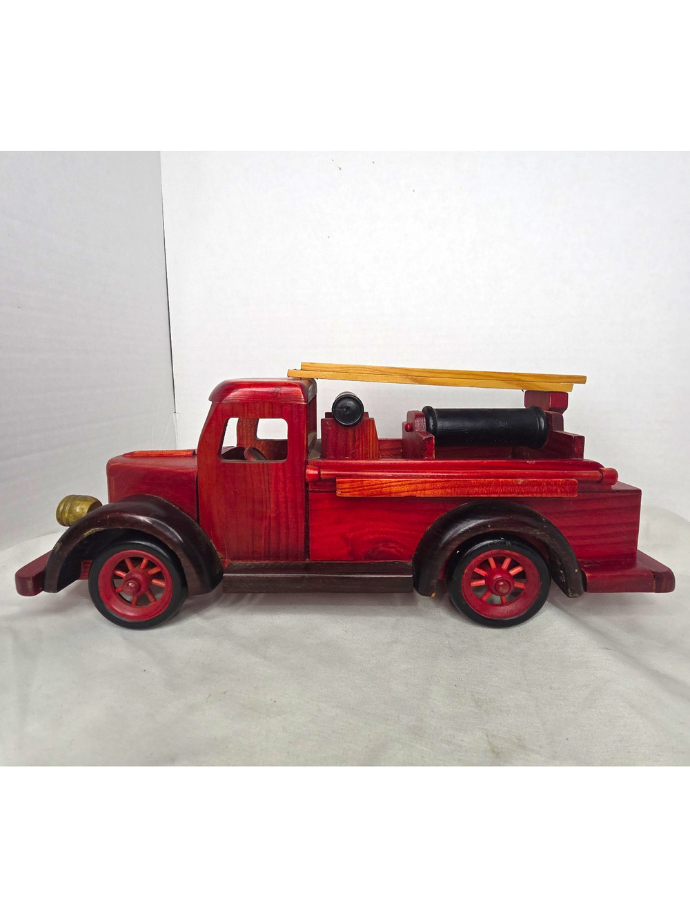 Handcrafted Wooden 15 inch Fire Truck Model Ladder Engine Red Stained Wood Decor